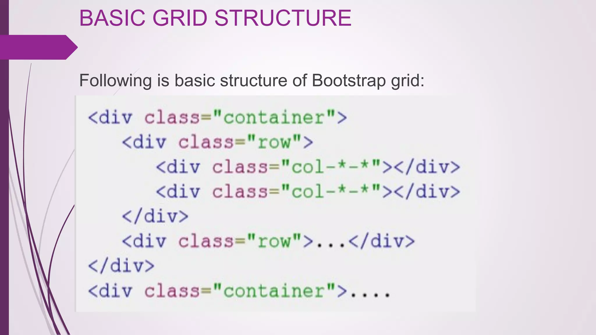 BASIC GRID STRUCTURE 
Following is basic structure of Bootstrap grid:
 