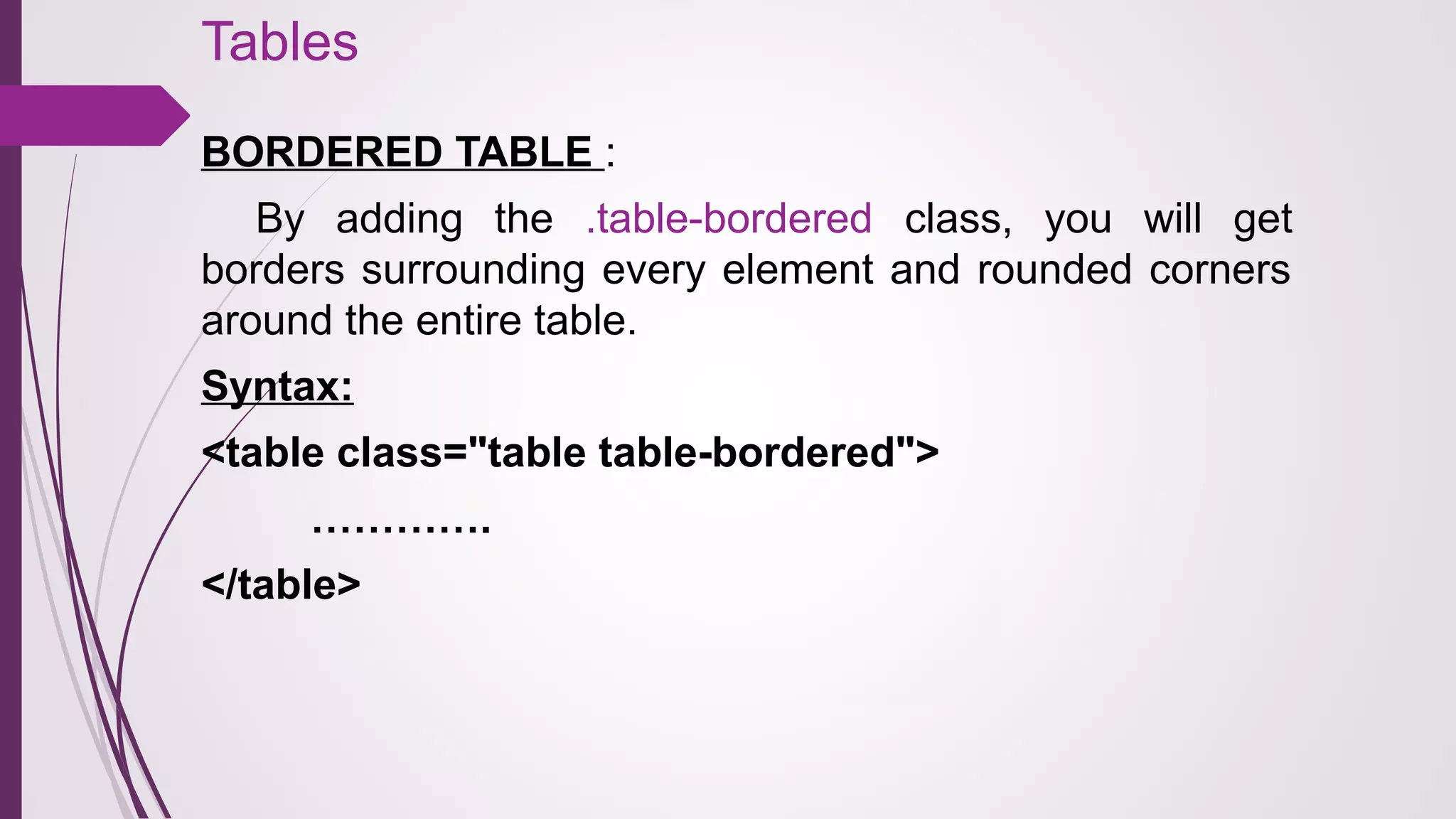 Tables
BORDERED TABLE :
By adding the .table-bordered class, you will get
borders surrounding every element and rounded corners
around the entire table.
Syntax:
<table class="table table-bordered">
………….
</table>
 