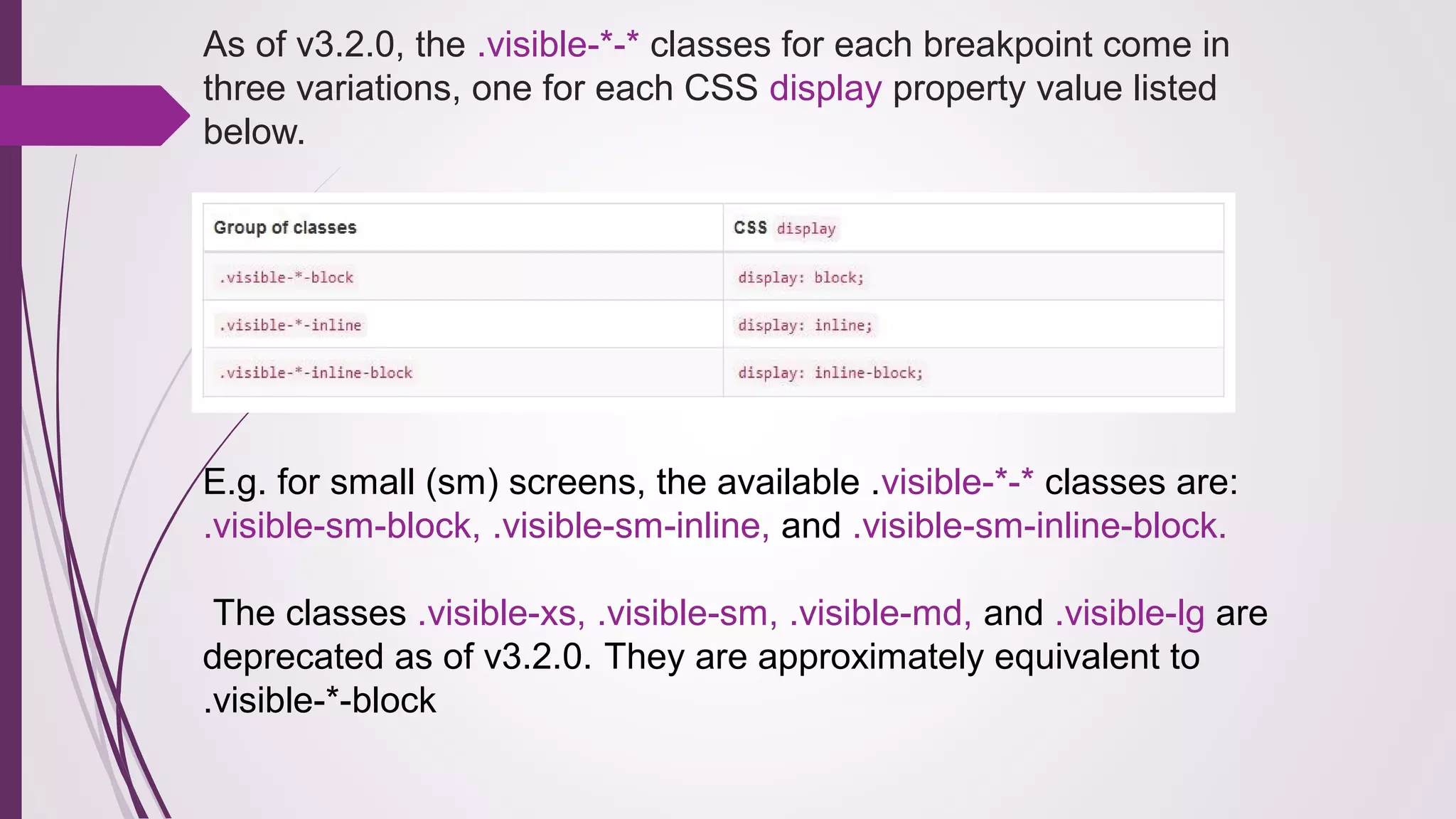 As of v3.2.0, the .visible-*-* classes for each breakpoint come in
three variations, one for each CSS display property value listed
below.
E.g. for small (sm) screens, the available .visible-*-* classes are:
.visible-sm-block, .visible-sm-inline, and .visible-sm-inline-block.
The classes .visible-xs, .visible-sm, .visible-md, and .visible-lg are
deprecated as of v3.2.0. They are approximately equivalent to
.visible-*-block
 