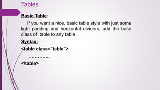 Tables
Basic Table:
If you want a nice, basic table style with just some
light padding and horizontal dividers, add the base
class of .table to any table .
Syntax:
<table class="table">
…………..
</table>
 