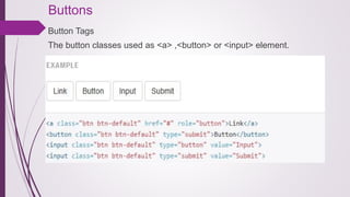 Buttons
Button Tags
The button classes used as <a> ,<button> or <input> element.
Example :
Syntax:
<a class="btn btn-default" href="#" role="button">Link</a>
<button class="btn btn-default" type="submit">Button</button>
<input class="btn btn-default" type="button" value="Input">
<input class="btn btn-default" type="submit" value="Submit">
 