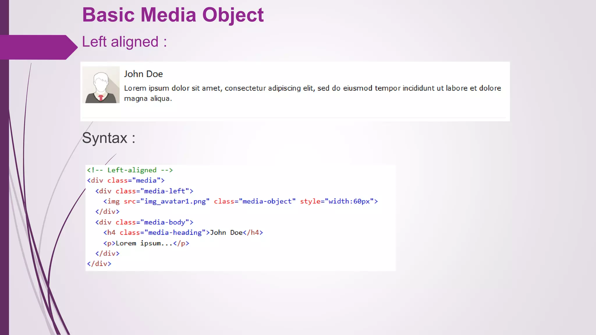 Basic Media Object
Left aligned :
Syntax :
 