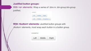 Justified button groups:
With <a> elements: Wrap a series of .btns in .btn-group.btn-group
justified.
With <button> elements: Justified button groups with
<button> elements, must wrap each button in a button group.
 