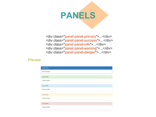 PANELS
<div class="panel panel-primary">...</div>
<div class="panel panel-success">...</div>
<div class="panel panel-info">...</div>
<div class="panel panel-warning">...</div>
<div class="panel panel-danger">...</div>
Preview
 