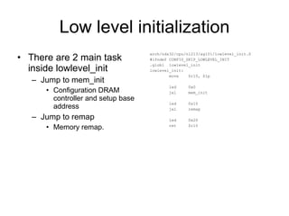 Low level initialization There are 2 main task inside lowlevel_init Jump to mem_init Configuration DRAM controller and setup base address Jump to remap Memory remap. arch/nds32/cpu/n1213/ag101/lowlevel_init.S #ifndef CONFIG_SKIP_LOWLEVEL_INIT .globl  lowlevel_init lowlevel_init: move  $r10, $lp led  0x0 jal  mem_init led  0x10 jal  remap led  0x20 ret  $r10 