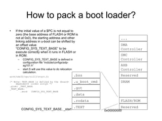 How to pack a boot loader? If the initial value of a $PC is not equal to zero (the base address of FLASH or ROM is not at 0x0), the starting address and other linking address in u-boot can be shifted by an offset value “CONFIG_SYS_TEXT_BASE” to be execute correctly when it runs in FLASH or in ROM.  CONFIG_SYS_TEXT_BASE is defined in configuration file “include/configs/adp-ag101.h” start.S will use this value to do relocation calculation. arch/nds32/cpu/n1213/start.S: /* Note: TEXT_BASE is defined by the (board-dependent) linker script */ .globl _TEXT_BASE _TEXT_BASE: .word  CONFIG_SYS_TEXT_BASE .TEXT .rodata .got .data .u_boot_cmd .bss CONFIG_SYS_TEXT_BASE, _start FLASH/ROM DRAM AHB Controller Reserved SMC Controller DMA Controller Reserved ... 0x00000000 