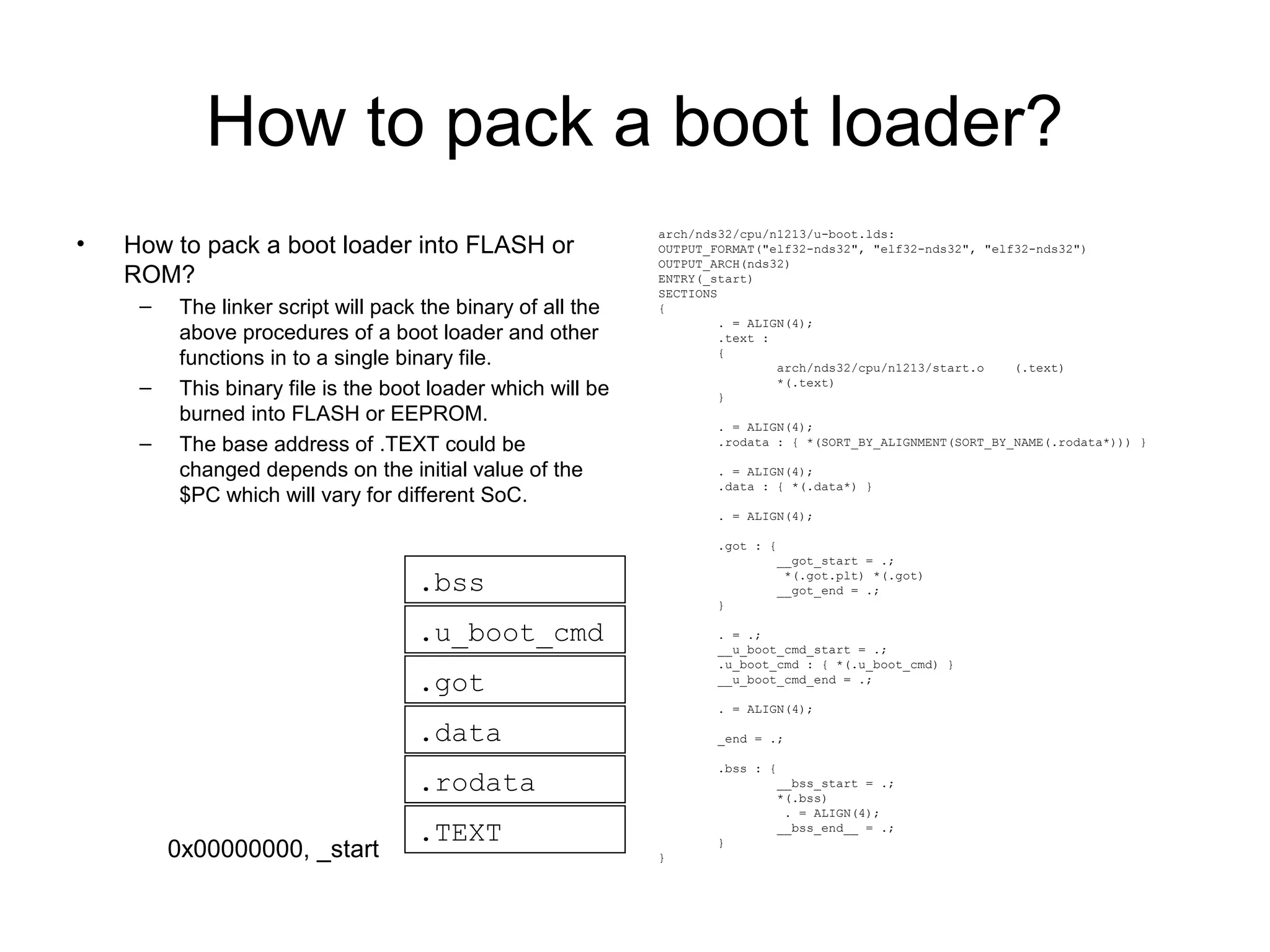 How to pack a boot loader?
• How to pack a boot loader into FLASH or
ROM?
– The linker script will pack the binary of all the
above procedures of a boot loader and other
functions in to a single binary file.
– This binary file is the boot loader which will be
burned into FLASH or EEPROM.
– The base address of .TEXT could be
changed depends on the initial value of the
$PC which will vary for different SoC.
arch/nds32/cpu/n1213/u-boot.lds:
OUTPUT_FORMAT("elf32-nds32", "elf32-nds32", "elf32-nds32")
OUTPUT_ARCH(nds32)
ENTRY(_start)
SECTIONS
{
. = ALIGN(4);
.text :
{
arch/nds32/cpu/n1213/start.o (.text)
*(.text)
}
. = ALIGN(4);
.rodata : { *(SORT_BY_ALIGNMENT(SORT_BY_NAME(.rodata*))) }
. = ALIGN(4);
.data : { *(.data*) }
. = ALIGN(4);
.got : {
__got_start = .;
*(.got.plt) *(.got)
__got_end = .;
}
. = .;
__u_boot_cmd_start = .;
.u_boot_cmd : { *(.u_boot_cmd) }
__u_boot_cmd_end = .;
. = ALIGN(4);
_end = .;
.bss : {
__bss_start = .;
*(.bss)
. = ALIGN(4);
__bss_end__ = .;
}
}
.TEXT
.rodata
.got
.data
.u_boot_cmd
.bss
0x00000000, _start
 