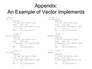 Appendix:
An Example of Vector Implements
.align 5
tlb_fill:
SAVE_ALL
! To get the kernel stack
move $r0, $sp
! Determine interruption type
li $r1, 1
bal do_interruption
.align 5
tlb_not_present:
SAVE_ALL
! To get the kernel stack
move $r0, $sp
! Determine interruption type
li $r1, 2
bal do_interruption
.align 5
tlb_misc:
SAVE_ALL
! To get the kernel stack
move $r0, $sp
! Determine interruption type
li $r1, 3
bal do_interruption
.align 5
tlb_vlpt_miss:
SAVE_ALL
! To get the kernel stack
move $r0, $sp
! Determine interruption type
li $r1, 4
bal do_interruption
.align 5
machine_error:
SAVE_ALL
! To get the kernel stack
move $r0, $sp
! Determine interruption type
li $r1, 5
bal do_interruption
.align 5
debug:
SAVE_ALL
! To get the kernel stack
move $r0, $sp
! Determine interruption type
li $r1, 6
bal do_interruption
 