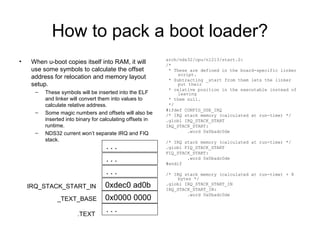 How to pack a boot loader?
• When u-boot copies itself into RAM, it will
use some symbols to calculate the offset
address for relocation and memory layout
setup.
– These symbols will be inserted into the ELF
and linker will convert them into values to
calculate relative address.
– Some magic numbers and offsets will also be
inserted into binary for calculating offsets in
runtime.
– NDS32 current won’t separate IRQ and FIQ
stack.
arch/nds32/cpu/n1213/start.S:
/*
* These are defined in the board-specific linker
script.
* Subtracting _start from them lets the linker
put their
* relative position in the executable instead of
leaving
* them null.
*/
#ifdef CONFIG_USE_IRQ
/* IRQ stack memory (calculated at run-time) */
.globl IRQ_STACK_START
IRQ_STACK_START:
.word 0x0badc0de
/* IRQ stack memory (calculated at run-time) */
.globl FIQ_STACK_START
FIQ_STACK_START:
.word 0x0badc0de
#endif
/* IRQ stack memory (calculated at run-time) + 8
bytes */
.globl IRQ_STACK_START_IN
IRQ_STACK_START_IN:
.word 0x0badc0de
...
0x0000 0000
...
0xdec0 ad0b
...
...
.TEXT
_TEXT_BASE
IRQ_STACK_START_IN
 