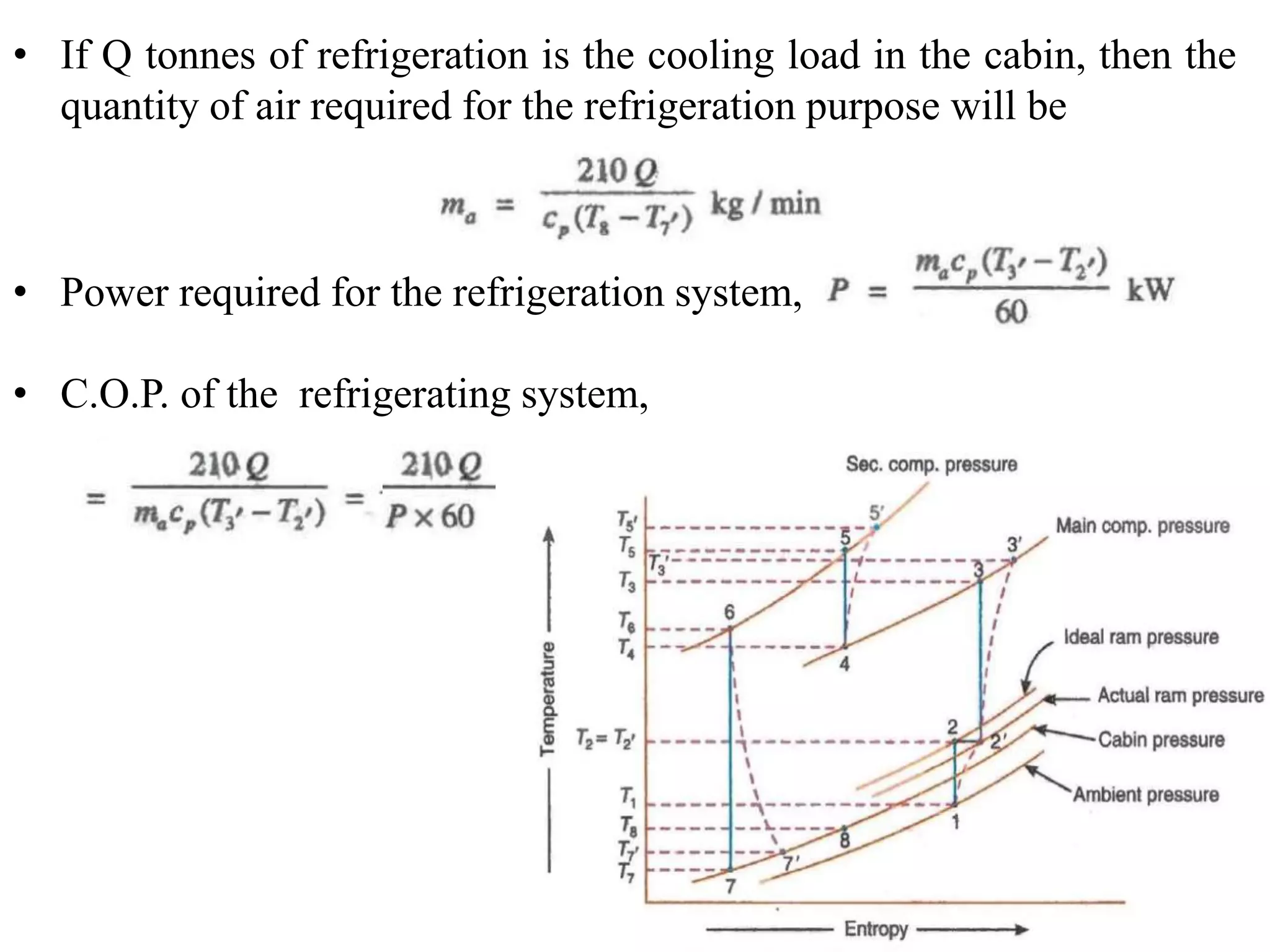 • If Q tonnes of refrigeration is the cooling load in the cabin, then the
quantity of air required for the refrigeration purpose will be
• Power required for the refrigeration system,
• C.O.P. of the refrigerating system,
 