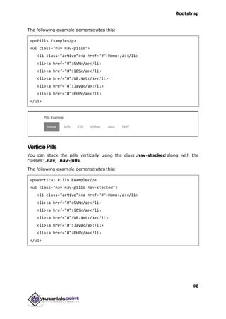 Bootstrap
96
The following example demonstrates this:
<p>Pills Example</p>
<ul class="nav nav-pills">
<li class="active"><a href="#">Home</a></li>
<li><a href="#">SVN</a></li>
<li><a href="#">iOS</a></li>
<li><a href="#">VB.Net</a></li>
<li><a href="#">Java</a></li>
<li><a href="#">PHP</a></li>
</ul>
VerticlePills
You can stack the pills vertically using the class .nav-stacked along with the
classes: .nav, .nav-pills.
The following example demonstrates this:
<p>Vertical Pills Example</p>
<ul class="nav nav-pills nav-stacked">
<li class="active"><a href="#">Home</a></li>
<li><a href="#">SVN</a></li>
<li><a href="#">iOS</a></li>
<li><a href="#">VB.Net</a></li>
<li><a href="#">Java</a></li>
<li><a href="#">PHP</a></li>
</ul>
 