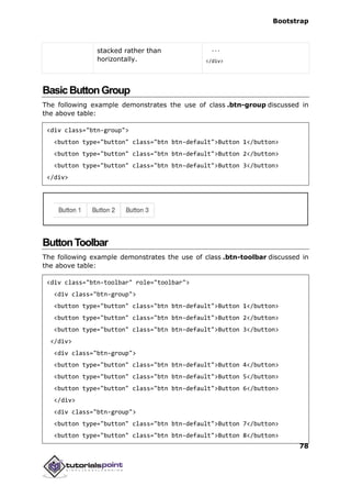 Bootstrap
78
stacked rather than
horizontally.
...
</div>
BasicButtonGroup
The following example demonstrates the use of class .btn-group discussed in
the above table:
<div class="btn-group">
<button type="button" class="btn btn-default">Button 1</button>
<button type="button" class="btn btn-default">Button 2</button>
<button type="button" class="btn btn-default">Button 3</button>
</div>
ButtonToolbar
The following example demonstrates the use of class .btn-toolbar discussed in
the above table:
<div class="btn-toolbar" role="toolbar">
<div class="btn-group">
<button type="button" class="btn btn-default">Button 1</button>
<button type="button" class="btn btn-default">Button 2</button>
<button type="button" class="btn btn-default">Button 3</button>
</div>
<div class="btn-group">
<button type="button" class="btn btn-default">Button 4</button>
<button type="button" class="btn btn-default">Button 5</button>
<button type="button" class="btn btn-default">Button 6</button>
</div>
<div class="btn-group">
<button type="button" class="btn btn-default">Button 7</button>
<button type="button" class="btn btn-default">Button 8</button>
 