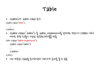 Table
• <table>에 .table class 추가.
<table class="table">
...
</table>
• <table class=".table"> 를 .table_responsive를 감싸므로 작은기기 (768px 이하)
에서도 수평 스크롤이 가능한 반응형 테이블을 만듬.
<div class="table-responsive">
<table class="table">
...
</table>
</div>
• 이미 제공한 Class를 추가하면서 여러가지 효과를 줄 수 있음
 