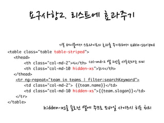 요구사항2. 리스트에 효과주기
팀
슬로건
기본 테이블에서 스트라이프의 효과를 주기위해서 table-striped
Col-md-2 열 2칸을 사용한다는 의미
hidden-xs을 슬로건 열에 주므로 모바일 사이즈시 히든 처리
 