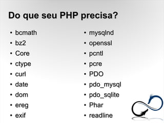 Do que seu PHP precisa?Do que seu PHP precisa?
●
bcmathbcmath
●
bz2bz2
●
CoreCore
●
ctypectype
●
curlcurl
●
datedate
●
domdom
●
eregereg
●
exifexif
●
mysqlndmysqlnd
●
opensslopenssl
●
pcntlpcntl
●
pcrepcre
●
PDOPDO
●
pdo_mysqlpdo_mysql
●
pdo_sqlitepdo_sqlite
●
PharPhar
●
readlinereadline
 