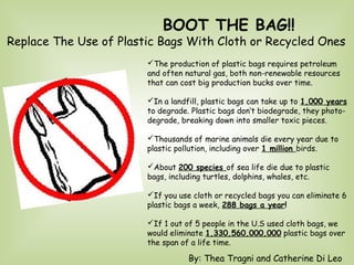 The production of plastic bags requires petroleum
and often natural gas, both non-renewable resources
that can cost big production bucks over time.
In a landfill, plastic bags can take up to 1,000 years
to degrade. Plastic bags don’t biodegrade, they photo-
degrade, breaking down into smaller toxic pieces.
Thousands of marine animals die every year due to
plastic pollution, including over 1 million birds.
About 200 species of sea life die due to plastic
bags, including turtles, dolphins, whales, etc.
If you use cloth or recycled bags you can eliminate 6
plastic bags a week, 288 bags a year!
If 1 out of 5 people in the U.S used cloth bags, we
would eliminate 1,330,560,000,000 plastic bags over
the span of a life time.
By: Thea Tragni and Catherine Di Leo
BOOT THE BAG!!
Replace The Use of Plastic Bags With Cloth or Recycled Ones
 