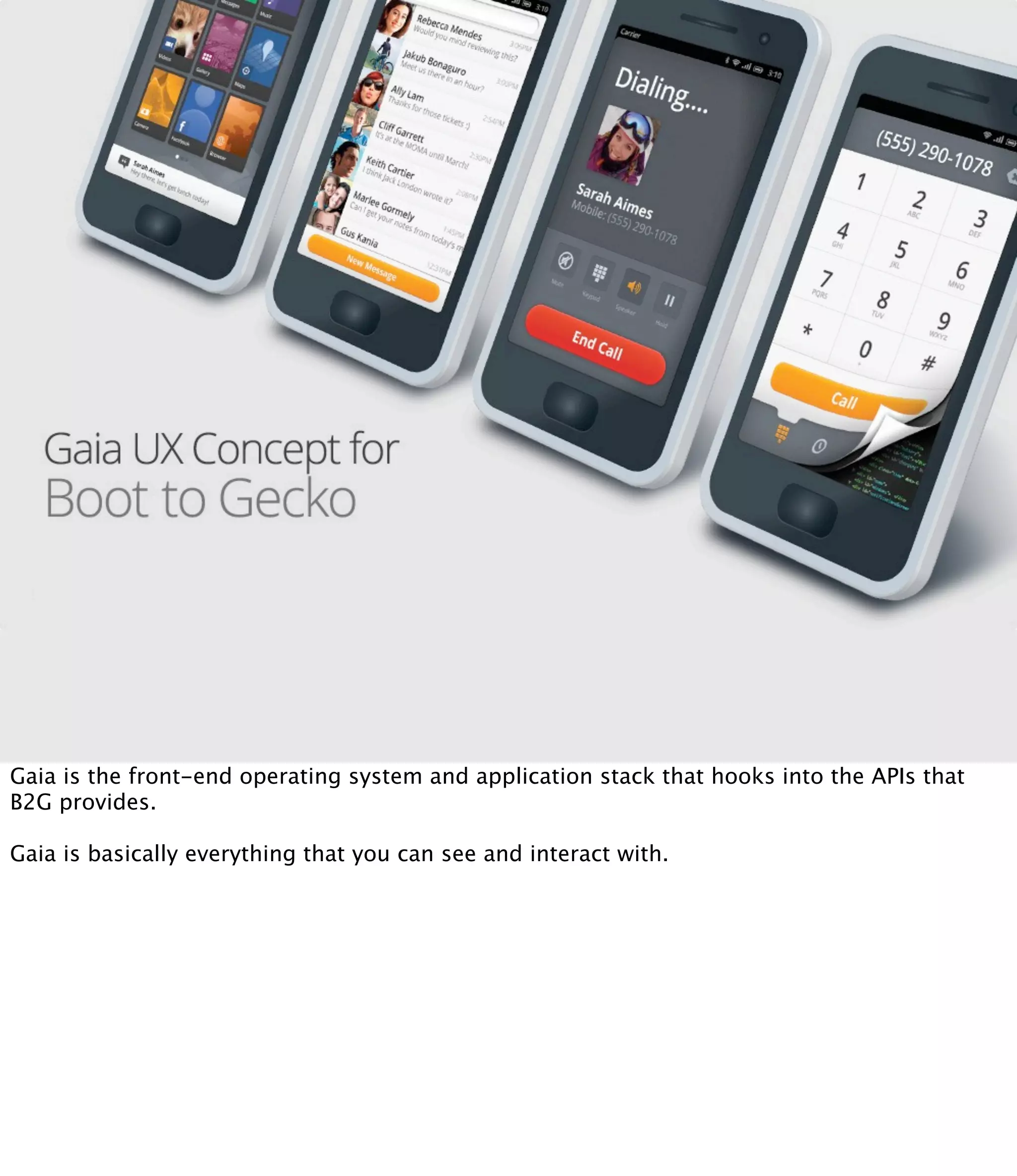 Gaia is the front-end operating system and application stack that hooks into the APIs that
B2G provides.

Gaia is basically everything that you can see and interact with.
 