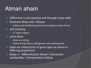 Atman aham
 Difference is anirvacaniya and through maya-sakti
 Aavarana Maya and. Viksepa
 veiling and manifesting extremes leading to lower forms
 self clouding
 17 layers organs
 sutra-atma
 atma as a string
 Indian string theory mahaprana virat vaishvaanara
 Gods are interactions of guna rajas sat tamas in
differing proportions
 Maya == differentiation bheda ! Interaction
sambandha ! Interpretation mithya
 