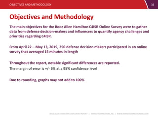 BOOZ ALLEN HAMILTON C4ISR SURVEY REPORT | MARKET CONNECTIONS, INC. | WWW.MARKETCONNECTIONSINC.COM
Objectives and Methodology
33
The main objectives for the Booz Allen Hamilton C4ISR Online Survey were to gather
data from defense decision-makers and influencers to quantify agency challenges and
priorities regarding C4ISR.
From April 22 – May 13, 2015, 250 defense decision makers participated in an online
survey that averaged 15 minutes in length
Throughout the report, notable significant differences are reported.
The margin of error is +/- 6% at a 95% confidence level
Due to rounding, graphs may not add to 100%
OBJECTIVES AND METHODOLOGY
 
