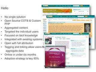 Hello

• No single solution
• Open Source COTS & Custom
  PHP
• Aggregated content
• Targeted the individual users
• Focused on tacit knowledge
• Integrated with existing systems
• Open with full attribution
• Tagging and linking allow users to
   aggregate data
• Online in under six months
• Adoption strategy is key 85%
 