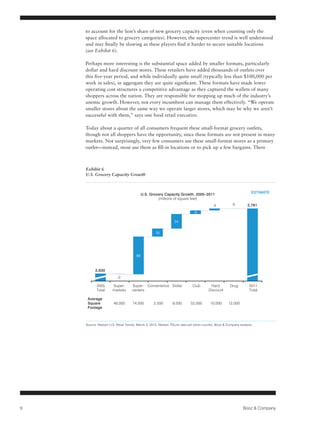 to account for the lion’s share of new grocery capacity (even when counting only the
                          space allocated to grocery categories). However, the supercenter trend is well understood
                          and may finally be slowing as these players find it harder to secure suitable locations
                          (see Exhibit 6).

                          Perhaps more interesting is the substantial space added by smaller formats, particularly
                          dollar and hard discount stores. These retailers have added thousands of outlets over
                          this five-year period, and while individually quite small (typically less than $100,000 per
                          week in sales), in aggregate they are quite significant. These formats have made lower
                          operating cost structures a competitive advantage as they captured the wallets of many
                          shoppers across the nation. They are responsible for mopping up much of the industry’s
                          anemic growth. However, not every incumbent can manage them effectively. “We operate
                          smaller stores about the same way we operate larger stores, which may be why we aren’t
                          successful with them,” says one food retail executive.

                          Today about a quarter of all consumers frequent these small-format grocery outlets,
                          though not all shoppers have the opportunity, since these formats are not present in many
                          markets. Not surprisingly, very few consumers use these small-format stores as a primary
                          outlet—instead, most use them as fill-in locations or to pick up a few bargains. There



                          Exhibit 6
                          U.S. Grocery Capacity Growth



                                                                                                                                            ESTIMATE
                                                                 U.S. Grocery Capacity Growth, 2005–2011
                                                                          (millions of square feet)
                                                                                                                  4            0         2,781
                                                                                                    8

                                                                                      34


                                                                         19



in
                                                            88


                                2,630
                                               -2

                                 2005       Super-       Super- Convenience Dollar                 Club        Hard          Drug          2011
                                 Total      markets      centers                                              Discount                     Total

                           Average
                           Square            48,000       74,000        2,500        8,000        52,000       10,000       12,000
                           Footage



                          Source: Nielsen U.S. Retail Trends, March 2, 2012; Nielsen TDLinx data set (store counts); Booz & Company analysis
        100%

     Never shopped
     this way

     Started shopping
     this way but will
     stop in good times
     Started shopping                                                Merchandising Innovations At Work
     this way and will                                             (% of interviewees pursuing each method)
     continue

                                                                                                                                                         Share of
                                       Product affinity-based                                                                                                70
     Always shopped                  merchandising programs                                                                                        68%
     this way
                                                                                                                                                             60
            9                   Including private brands in                                                                           Booz & Company
                           merchandising platform solutions                                                                          56%                     50

                                                                                                                                                             40
 