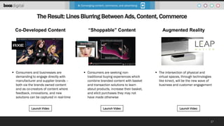 4. Converging content, commerce, and advertising

The Result: Lines Blurring Between Ads, Content, Commerce
Co-Developed Content

 Consumers and businesses are
demanding to engage directly with
manufacturer and supplier brands –
both via the brands owned content
and as co-creators of content where
feedback, innovations, and new
solutions can be captured in real-time
Launch Video

“Shoppable” Content

 Consumers are seeking nontraditional buying experiences which
combine branded content with basket
and transaction solutions to learn
about products, increase their basket,
and elicit purchases they may not
have made otherwise
Launch Video

Augmented Reality

 The intersection of physical and
virtual spaces, through technologies
like kinect, will be the new wave of
business and customer engagement

Launch Video

17

 