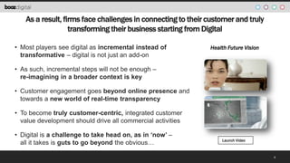 As a result, firms face challenges in connecting to their customer and truly
transforming their business starting from Digital
• Most players see digital as incremental instead of
transformative – digital is not just an add-on

Health Future Vision

• As such, incremental steps will not be enough –
re-imagining in a broader context is key
• Customer engagement goes beyond online presence and
towards a new world of real-time transparency
• To become truly customer-centric, integrated customer
value development should drive all commercial activities
• Digital is a challenge to take head on, as in „now‟ –
all it takes is guts to go beyond the obvious…

Launch Video

4

 
