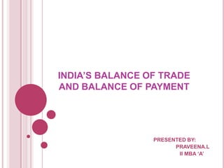 INDIA’S BALANCE OF TRADE
AND BALANCE OF PAYMENT




                 PRESENTED BY:
                       PRAVEENA.L
                        II MBA ‘A’
 