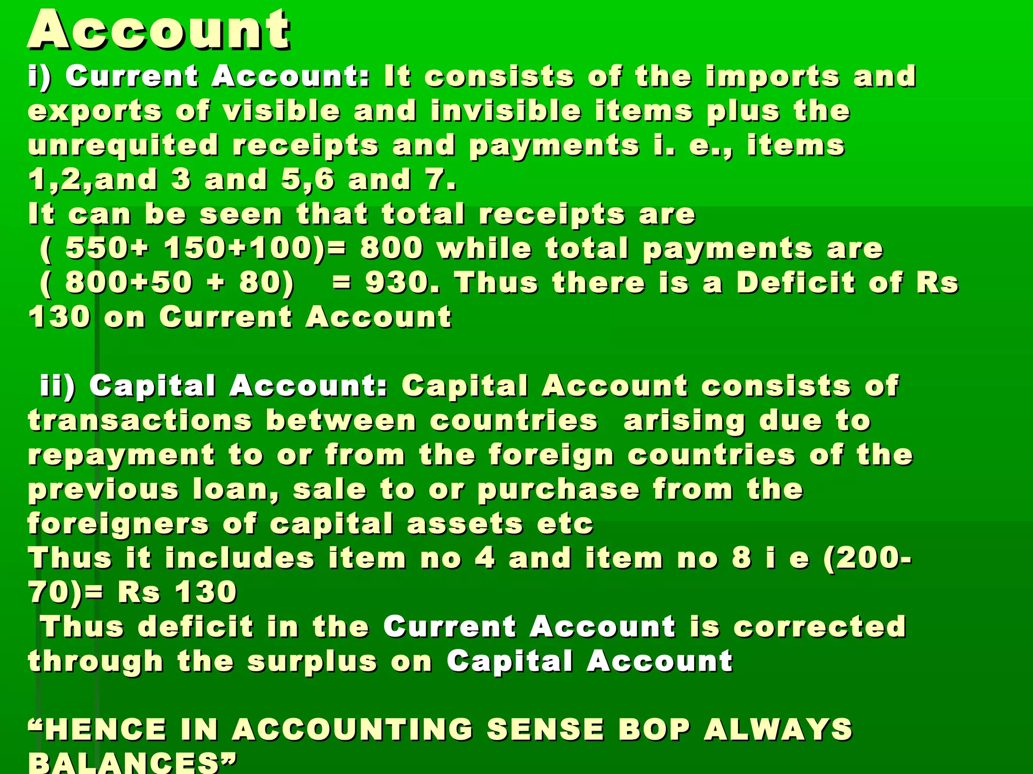 Account
i) Current Account: It consists of the imports and
exports of visible and invisible items plus the
unrequited receipts and payments i. e., items
1,2,and 3 and 5,6 and 7.
It can be seen that total receipts are
 ( 550+ 150+100)= 800 while total payments are
 ( 800+50 + 80) = 930. Thus there is a Deficit of Rs
130 on Current Account

 ii) Capital Account: Capital Account consists of
transactions between countries arising due to
repayment to or from the foreign countries of the
previous loan, sale to or purchase from the
foreigners of capital assets etc
Thus it includes item no 4 and item no 8 i e (200-
70)= Rs 130
 Thus deficit in the Current Account is corrected
through the surplus on Capital Account

“HENCE IN ACCOUNTING SENSE BOP ALWAYS
BALANCES”
 