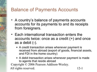 Balance of Payments Accounts

• A country’s balance of payments accounts
  accounts for its payments to and its receipts
  from foreigners.
• Each international transaction enters the
  accounts twice: once as a credit (+) and once
  as a debit (-).
   ♦ A credit transaction arises whenever payment is
     received from abroad (export of goods, financial assets,
     and FDI in the home country)
   ♦ A debit transaction arises whenever payment is made
     to agents that reside abroad
Copyright © 2006 Pearson Addison-Wesley.
All rights reserved.                             12-1
 