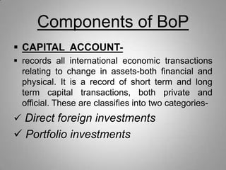 Components of BoP
 CAPITAL ACCOUNT-
 records all international economic transactions
relating to change in assets-both financial and
physical. It is a record of short term and long
term capital transactions, both private and
official. These are classifies into two categories-
 Direct foreign investments
 Portfolio investments
 