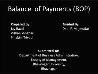 Balance of Payments (BOP)
Prepared By: Guided By:
Jay Raval Dr. J. P. Majmudar
Vishal Ghoghari
Pinakini Trivedi
Submitted To:
Department of Business Administration,
Faculty of Management,
Bhavnagar University,
Bhavnagar
 