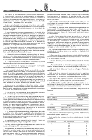 Núm. 7 / 11 de Enero de 2010                           Boletín                 oficial                                                   Pág. 277

   c) La fecha en la que se realiza la inscripción del demandante.         solicite, conservando el asiento todos sus efectos para los restantes
A estos efectos la inscripción de los demandantes se realizará atri-       inscritos mayores de edad dentro de la unidad familiar o la unidad
buyendo a cada demandante un número correlativo que refleje el             de convivencia, a los que además se les comunicará la cancelación
momento temporal en el que se realiza la inscripción. La numeración        parcial practicada.
comenzará por el número 1 y continuará sucesivamente, de modo
que el número 1 reflejará la mayor antigüedad.                                c) Cuando los inscritos dejen de cumplir los requisitos para ser
                                                                           adjudicatario de vivienda protegida. En este supuesto se dará au-
    2. Una vez realizada la inscripción, el demandante estará habili-      diencia a los interesados.
tado para participar en los procesos de adjudicación de las viviendas
protegidas, otorgando al inscrito la condición de demandante de                d) Cuando los inscritos hayan renunciado voluntariamente por
vivienda protegida.                                                        dos veces a la vivienda o promoción para la que hubiesen sido se-
                                                                           leccionados. El demandante excluido no podrá volver a ser inscrito
    3. Los efectos de la inscripción se suspenderán, sin perdida de la     hasta que transcurra el plazo de 2 años desde la última oferta que
antigüedad durante la inclusión del demandante en una relación de          le fue presentada.
demandantes seleccionados. No obstante, la inclusión en la lista de
                                                                               A estos efectos se considerará que la renuncia no es voluntaria
suplentes no conlleva la suspensión de la inscripción, ni impide que
                                                                           al menos en los siguientes casos: Cuando la vivienda para la que
paralelamente pueda ser incluido como demandante seleccionado
                                                                           han sido seleccionado no se corresponde con las características
o suplente en otra promoción paralela en el tiempo. Asimismo, en
                                                                           del demandante que constan en la inscripción registral; cuando el
el caso de que la adjudicación de la vivienda no se realizara por
                                                                           demandante seleccionado rechaza la adjudicación antes de que
causas imputables al promotor, el demandante seleccionado tendrá
                                                                           el Registro comunique al promotor la relación de demandantes; o
preferencia en la siguiente selección de demandantes.
                                                                           cuando el demandante seleccionado no pueda realizar la compra-
   4. Los efectos de la inscripción se suspenderán, con pérdida de         venta por no haber recibido crédito financiero.
antigüedad, durante el tiempo en el que el demandante no cumpla
                                                                              e) Cuando se haya comunicado por el promotor la efectiva adju-
con el deber de comunicación de nuevos datos previsto en el apar-          dicación de la vivienda en los términos previstos en el artículo 10.6
tado cuarto del artículo 7 de esta Ordenanza.                              de esta Ordenanza.
    5. La inscripción practicada en el Registro Público de Deman-              7. Salvo cuando se haya realizado a petición del interesado, la
dantes no exime al demandante inscrito de la obligación de cumplir         cancelación parcial o total de la inscripción practicada se comunicará
los requisitos exigidos para ser destinatario de vivienda protegida en     a los demandantes inscritos.
el momento en que adquiera la condición de adjudicatario.
                                                                              Artículo 8.–Criterios para la selección del demandante de vivienda
   6. La adjudicación de la vivienda deberá coincidir con la unidad        protegida.
familiar o de convivencia de la inscripción registral.
                                                                               1. Para la selección de los demandantes a los que se adjudicará una
   Artículo 7.–Período de vigencia de la inscripción, modificación         vivienda protegida, se han de cumplir las siguientes condiciones:
de datos y cancelación de la inscripción.
                                                                             a) El demandante debe estar inscrito en el Registro Público de
    1. La inscripción estará vigente durante un periodo de tres años       Demandantes.
desde que fuera practicada o desde la última actualización o modifi-
cación de los datos realizada por el demandante inscrito. En los tres         b) El demandante debe cumplir efectivamente con los requisitos
meses anteriores a la finalización del periodo de vigencia señalado, el    establecidos para el acceso al programa de vivienda protegida de
interesado podrá solicitar la renovación de la inscripción practicada. A   que se trate y, en su caso, con los cupos en los que se integre.
estos efectos, el Registro Público de Demandantes comunicará tele-
máticamente en el tercer trimestre del tercer año esta circunstancia a        c) Cualquier otro requisito que estime conveniente el Registro
los demandantes inscritos, al objeto de ejercer la facultad de solicitud   (Empadronamiento, vinculación laboral, distritos/barrios, etc.).
de la renovación en el plazo señalado en el apartado anterior.                2. Verificados los requisitos anteriores, los demandantes se se-
    2. Las personas inscritas tienen el derecho a solicitar y obtener      leccionarán de acuerdo con los criterios de preferencia y los cupos
gratuitamente la información sobre los datos que han sido inscritos.       establecidos en la relación ordenada de demandantes:
La información se podrá obtener mediante visualización de los datos          1. Empadronamiento, Vinculación Laboral y Antigüedad en el
o mediante documento escrito legible.                                      Registro.
   3. Las personas inscritas tienen el derecho a rectificar los datos
                                                                                                                                   PUNTOS
de la inscripción que sean inexactos o incompletos.                             AÑOS
                                                                                                                               EMPADRONAMIENTO
    4. Las personas inscritas, mediante la documentación oportuna,
tienen la obligación de comunicar al Registro Público de Deman-            DE 1 A 10 AÑOS                                    1 PUNTO POR AÑO
dantes la modificación de los datos enumerados en el apartado 5 de         MÁS DE 10 AÑOS                                    10 PUNTOS
artículo 5 de esta ordenanza. La comunicación no será necesaria si
se trata de una variación en los ingresos familiares inferior al 10%.                                                 PUNTOS
El plazo para la comunicación será de tres meses desde el aconte-               AÑOS
cimiento que alteró el dato modificado, salvo los datos económicos                                           ANTIGÜEDAD EN EL REGISTRO
que habrá de comunicarlos entre el 1 de julio y el 30 de septiembre        DE 1 A 3 AÑOS          1 PUNTO POR AÑO
del año siguiente al inmediatamente concluido.
                                                                           MÁS DE 3 AÑOS          1 PUNTO POR AÑO CON UN MÁXIMO DE 10 PUNTOS
    5. El Registro Público de demandantes garantizará la veracidad
y exactitud de los datos, para lo que podrá realizar actualizaciones          * Las Víctimas de Violencia de Género y Víctimas del Terrorismo
periódicas. Si la actualización supone una variación en la inscripción     obtendrán la máxima puntuación.
practicada relativa al grupo de acceso en el que había sido incluido
el demandante, se comunicará a éste.                                           2. Unidad familiar o de convivencia en relación con la vivienda
                                                                           solicitada.
  6. La cancelación de la inscripción en el Registro Público de
Demandantes se producirá por las siguientes causas:                        NÚM. PERSONAS               NÚM. DORMITORIOS                   PUNTOS

   a) Por la finalización del periodo de vigencia de la inscripción sin          1                            1D                             4
                                                                                                              2D                             2
que se hubiese procedido a la renovación.
                                                                                                              3D                             0
   b) Por ejercicio del derecho de cancelación de la persona inscrita.                                        4D                             0
Cuando la inscripción recoja a varios demandantes inscritos en virtud            2                            1D                             6
de una unidad familiar o una unidad de convivencia, la cancelación                                            2D                             4
será total cuando todos los inscritos mayores de edad la soliciten.                                           3D                             2
En su defecto, se cancelará la inscripción únicamente de quien la                                             4D                             0
 