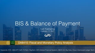 BIS & Balance of Payment
Kan Yuenyong
February, 11, 2021
GSPA
NIDA DA8410: Fiscal and Monetary Policy Analysis
Keywords: KYC, AML/CFT, DeFi, FinTech, RegTech, GFS (Global Financial System), ABCD (AI, Big Data, Cloud, Distributed Ledger Tech)
 