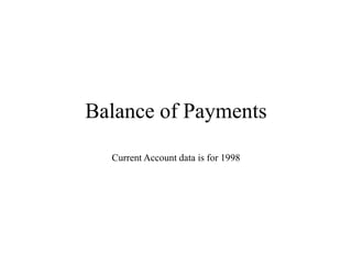 Balance of Payments
Current Account data is for 1998
 
