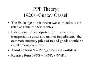 PPP Theory:
1920s–Gustav Cassell
• The Exchange rate between two currencies is the
relative value of their monies.
• Law o...