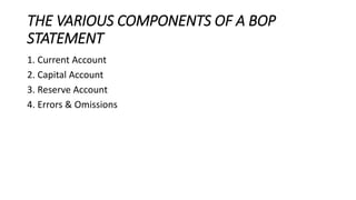 THE VARIOUS COMPONENTS OF A BOP
STATEMENT
1. Current Account
2. Capital Account
3. Reserve Account
4. Errors & Omissions
 