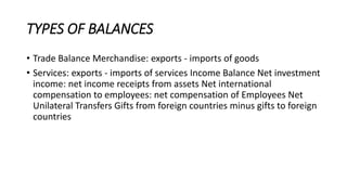 TYPES OF BALANCES
• Trade Balance Merchandise: exports - imports of goods
• Services: exports - imports of services Income Balance Net investment
income: net income receipts from assets Net international
compensation to employees: net compensation of Employees Net
Unilateral Transfers Gifts from foreign countries minus gifts to foreign
countries
 