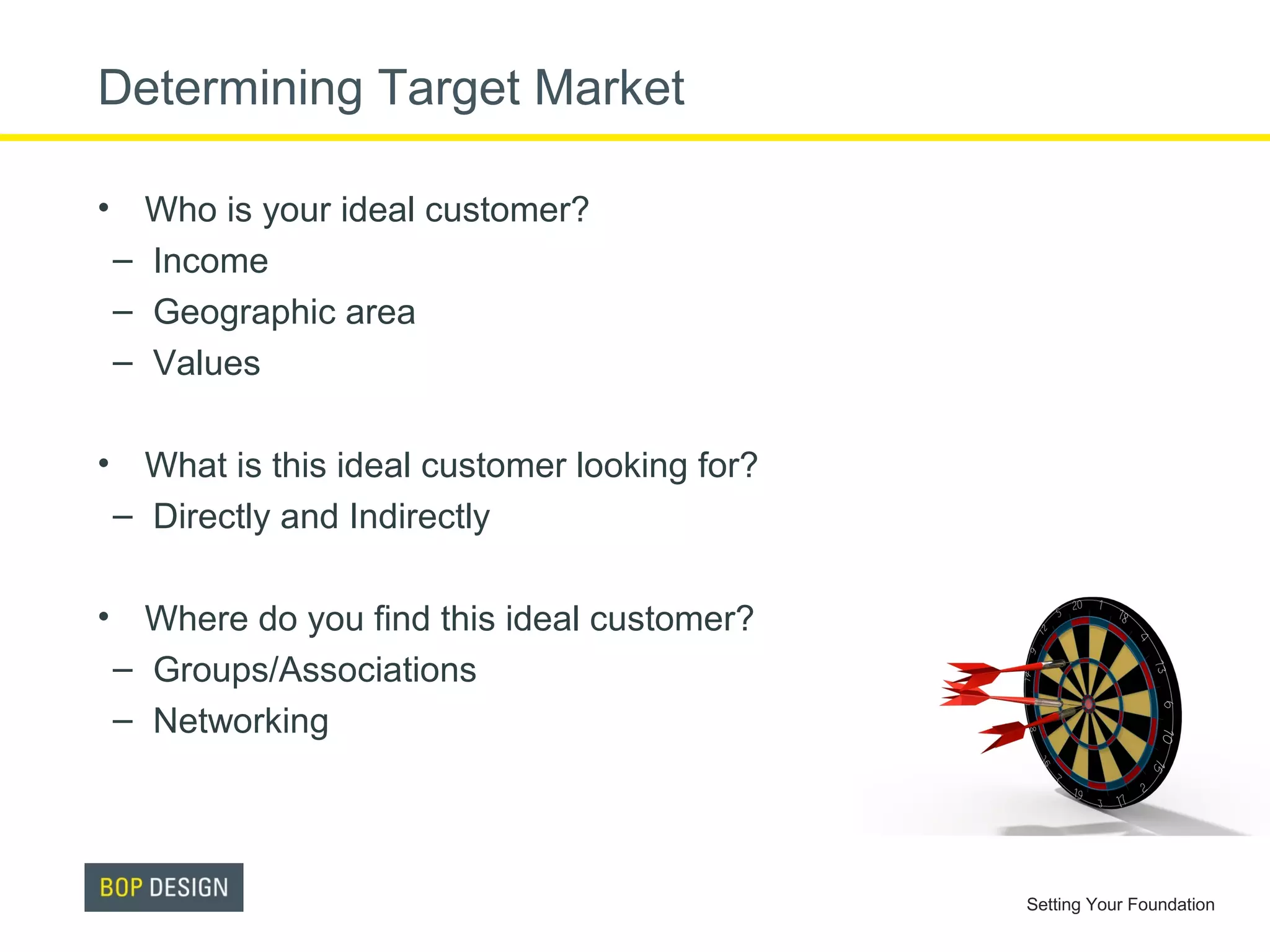 Determining Target Market
• Who is your ideal customer?
– Income
– Geographic area
– Values
• What is this ideal customer looking for?
– Directly and Indirectly
• Where do you find this ideal customer?
– Groups/Associations
– Networking

Setting Your Foundation

 