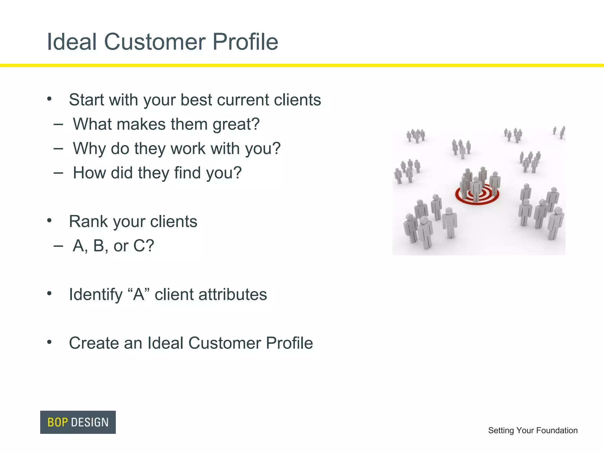 Ideal Customer Profile
• Start with your best current clients
– What makes them great?
– Why do they work with you?
– How did they find you?
• Rank your clients
– A, B, or C?
• Identify “A” client attributes
• Create an Ideal Customer Profile

Setting Your Foundation

 
