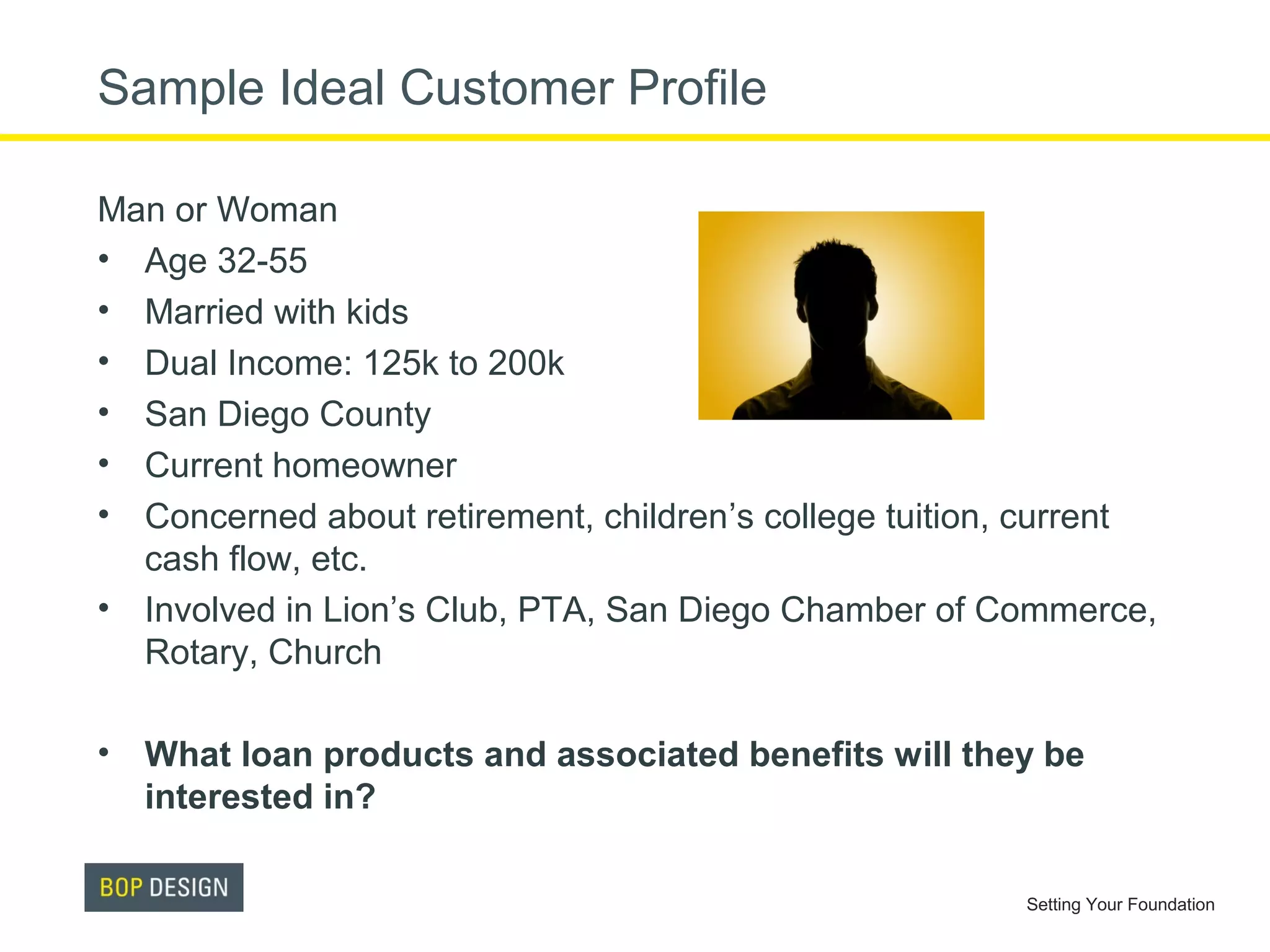 Sample Ideal Customer Profile
Man or Woman
• Age 32-55
• Married with kids
• Dual Income: 125k to 200k
• San Diego County
• Current homeowner
• Concerned about retirement, children’s college tuition, current
cash flow, etc.
• Involved in Lion’s Club, PTA, San Diego Chamber of Commerce,
Rotary, Church
• What loan products and associated benefits will they be
interested in?
Setting Your Foundation

 
