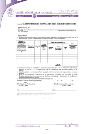 boletín oficial de la provincia
– 36 –
núm. 61 viernes, 28 de marzo de 2014e
diputación de burgos
bopbur.diputaciondeburgos.es D.L.: BU - 1 - 1958
burgos
* * *
Anexo I.5: CERTIFICACIÓN DE JUSTIFICACIÓN DE LA SUBVENCIÓN CONCEDIDA
EXPEDIENTE N.° ..................
Obra o servicio:……………………………………………………………………………………
D./Dña. ……………………………………………………………. Secretario/a-Interventor/la
de la Entidad……………………………………………………
CERTIFICO:
1) Que los gastos, obligaciones reconocidas y pagos realizados, desglosados por cada uno de los
trabajadores, son los que se indican a continuación en "TOTAL GENERAL".
Nombre y
apellidos por
trabajador
Hacer constar con
una (B) si fue baja
y hacer constar al
sustituto con una
(S) en la siguiente
fila
Categoría
profesional
Jornada
(1)
Periodo
trabajado
justificado
(Nº de
días)
Costes de contratación (2)
Otras
Subvenciones
recibidas
(desglósese por
trabajador)
Importe
Bruto
Cuota
Empresarial
Seg. Social
Total
(3)
TOTAL
GENERAL:
2) Que el porcentaje de trabajadores desempleados contratados para la realización de la obra o
servicio, ha sido el... ....... % respecto del total de trabajadores que han sido ocupados en la
misma.
3) Qua la/s obra/s o servicio/s se ha/n realizado conforme a la memoria presentada por esta
entidad.
4) Que la documentación justificativa de la subvención concedida se encuentra en esta
Entidad, quedando, al menos, durante 3 años, archivada y a disposición de La Excma.
Diputación Provincial de Burgos.
5) Que se mantiene un sistema de contabilidad separada.
Y para que conste, expido la presente en……………………………..a……de…………..…….20……
V B°
El/la Alcalde/ea-Presidente/a, El/la Secretario/a-Interventor/a,
(Firma y sello) (Firma y sello)
Fdo.: …………………………………………… Fdo.: ………………………………………
(1) Hacer constar el % sobre la jornada ordinaria, (cumplimentar solo en contratos a tiempo parcial).
(2) Costes de contratación efectivamente abonados en relación con el periodo justificado.
(3) Suma del Importe Bruto y Cuotas Seg. Social.
 