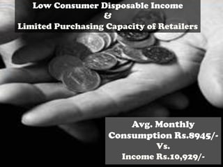 Low Consumer Disposable Income
&
Limited Purchasing Capacity of Retailers
Avg. Monthly
Consumption Rs.8945/-
Vs.
Income Rs.10,929/-
 