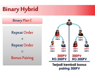 Binary Hybrid
Binary PlanC
Repeat Order
+
Repeat Order
=
Bonus Pairing
100PV
100PV 100PV 100PV 100PV
100PV
300PV 300PV
Terjadi kembali bonus
pairing 300PV
100PV
100PV 100PV 100PV 100PV
100PV
RO.300PV RO.300PV
 
