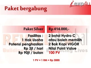 Paket bergabung
Paket Silver Rp414.000,-
Fasilitas :
1 Hak Usaha
Potensi penghasilan
Rp 3jt / hari
Rp 90jt / bulan
2 botol Hydro C
atau boleh memilih
2 Bok Kopi VIGOR
Nilai Point Value
100 PV
1 PV = 1 RM = Rp 3000
 