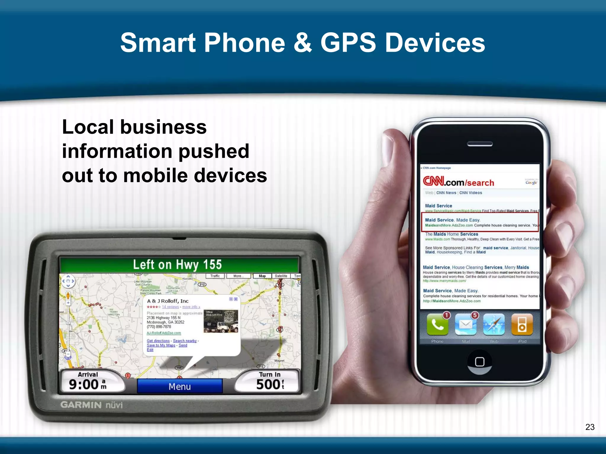Smart Phone & GPS Devices


Local business
information pushed
out to mobile devices




                                 23
 