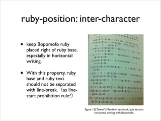 ruby-position: inter-character
•

keep Bopomofo ruby
placed right of ruby base.
especially in horizontal
writing.	


•

Wi...