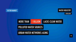 SECTOR MARKET 
tYeamOLOR 
WATER INDUSTRY 
42 
MORE THAN LACKS CLEAN WATER 
POLLUTED WATER SOURCES 
OVERLOOK 
1 BILLION 
URBAN WATER NETWORKS AGING 
 