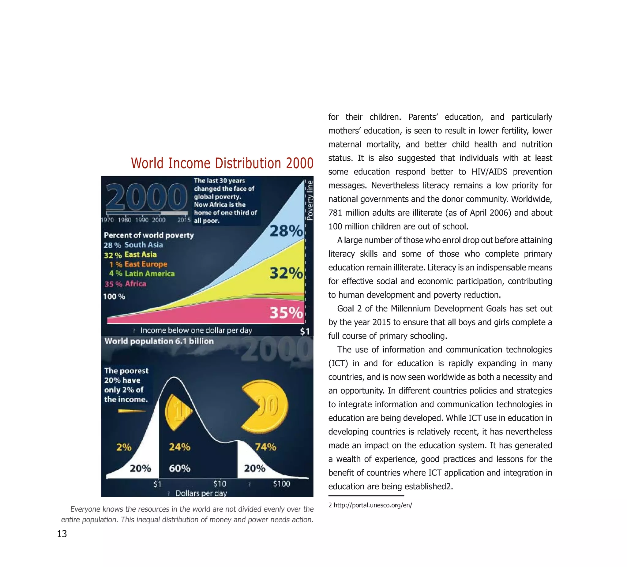 for their children. Parents’ education, and particularly
                                                                                mothers’ education, is seen to result in lower fertility, lower
                                                                                maternal mortality, and better child health and nutrition
                                                                                status. It is also suggested that individuals with at least
                     World Income Distribution 2000                             some education respond better to HIV/AIDS prevention
                                                                                messages. Nevertheless literacy remains a low priority for
                                                                                national governments and the donor community. Worldwide,
                                                                                781 million adults are illiterate (as of April 2006) and about
                                                                                100 million children are out of school.
                                                                                   A large number of those who enrol drop out before attaining
                                                                                literacy skills and some of those who complete primary
                                                                                education remain illiterate. Literacy is an indispensable means
                                                                                for effective social and economic participation, contributing
                                                                                to human development and poverty reduction.
                                                                                   Goal 2 of the Millennium Development Goals has set out
                                                                                by the year 2015 to ensure that all boys and girls complete a
                                                                                full course of primary schooling.
                                                                                   The use of information and communication technologies
                                                                                (ICT) in and for education is rapidly expanding in many
                                                                                countries, and is now seen worldwide as both a necessity and
                                                                                an opportunity. In different countries policies and strategies
                                                                                to integrate information and communication technologies in
                                                                                education are being developed. While ICT use in education in
                                                                                developing countries is relatively recent, it has nevertheless
                                                                                made an impact on the education system. It has generated
                                                                                a wealth of experience, good practices and lessons for the
                                                                                beneﬁt of countries where ICT application and integration in
                                                                                education are being established2.

                                                                                2 http://portal.unesco.org/en/
  Everyone knows the resources in the world are not divided evenly over the
entire population. This inequal distribution of money and power needs action.

13
 