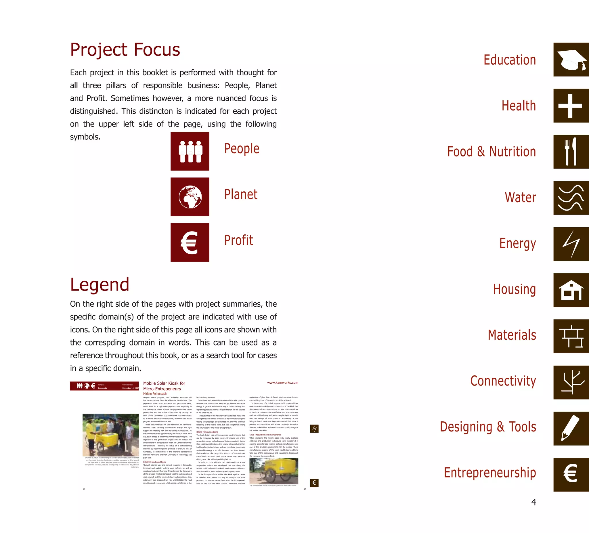 Project Focus                                                                                                                                                                                                                                                                                                Education
Each project in this booklet is performed with thought for
all three pillars of responsible business: People, Planet
and Proﬁt. Sometimes however, a more nuanced focus is
distinguished. This distincton is indicated for each project                                                                                                                                                                                                                                                    Health
on the upper left side of the page, using the following
symbols.
                                                                                                                                                                                       People                                                                                                          Food & Nutrition


                                                                                                                                                                                       Planet                                                                                                                    Water


                                                                                                                                   €                                                   Profit                                                                                                                   Energy


Legend                                                                                                                                                                                                                                                                                                         Housing
On the right side of the pages with project summaries, the
speciﬁc domain(s) of the project are indicated with use of
icons. On the right side of this page all icons are shown with
the correspding domain in words. This can be used as a
                                                                                                                                                                                                                                                                                                              Materials
reference throughout this book, or as a search tool for cases
in a speciﬁc domain.

             €         Company

                       Kamworks
                                                         Graduation date

                                                         December 14, 2007
                                                                                    Mobile Solar Kiosk for
                                                                                    Micro-Entrepeneurs
                                                                                                                                                                                                                                               www.kamworks.com
                                                                                                                                                                                                                                                                                                           Connectivity
                                                                                    Miriam Reitenbach
                                                                                    Despite recent progress, the Cambodian economy still           technical requirements.                                            application of glass ﬁbre reinforced plastic an attractive and
                                                                                    has to reconstitute from the effects of the civil war. The       Interviews with potential customers of the solar products        eye-catching form of the carrier could be achieved.
                                                                                    population often lacks education and productive skills,        revealed that Cambodians were not yet familiar with solar            In the context of a holistic approach this project did not
                                                                                    which leads to a high unemployment rate, especially in         energy in general and that the way of communicating and            only focus on the design and construction of the kiosk, but
                                                                                    the countryside. About 40% of the population lives below       explaining products forms a major criterion for the success        also presented recommendations on how to communicate
                                                                                    poverty line and has to live of less than 1$ per day. As       of the sales results.                                              to the local customers in an effective and adequate way,
                                                                                    90% of the Cambodian population does not have access             The outcomes of this research were translated into a ﬁnal        such as a LED display and posters explaining the beneﬁts
                                                                                    to a secure electricity infrastructure, economic and social    concept that was reﬁned by means of iteratively building and       and cost savings of solar products. Additionally, a new




                                                                                                                                                                                                                                                                                                      Designing & Tools
                                                                                    progress are slowed down as well.                              testing the prototype to guarantee not only the technical          bilingual brand name and logo was created that made it
                                                                                      These circumstances set the framework of Kamworks’           feasibility of the mobile store, but also acceptance among         possible to communicate with Khmer customers as well as
                                                                                    business idea: securing sophisticated energy and light         the future users - the micro-entrepreneurs.                        Western stakeholders and contributes to a quality image of
                                                                                    supply and creating new jobs for young Cambodians. As                                                                             the mobile solar kiosk.
                                                                                                                                                   Biking without pedaling
                                                                                    the country receives approximately ﬁve full sun hours each
                                                                                                                                                   The ﬁnal design was a three-wheeled electric bicycle that          Local Production and maintenance
                                                                                    day, solar energy is one of the promising technologies. The
                                                                                                                                                   can be recharged by solar energy. By making use of this            When designing the mobile kiosk, only locally available
                                                                                    objective of this graduation project was the design and
                                                                                                                                                   renewable energy technology and being remarkably lighter           materials and production techniques were considered in
                                                                                    development of a mobile solar kiosk for Cambodian micro-
                                                                                                                                                   than existing mobile stores, this vehicle is less polluting than   order to generate local income, as local manufacturing was
                                                                                    entrepreneurs,   enabling the setup of a self-sustaining
                                                                                                                                                   traditional motorised stores and can contribute to promote         one of the greatest requirements for the design. These
                                                                                    business by distributing solar products to the rural area of
                                                                                                                                                   sustainable energy in an effective way. User tests showed          manufacturing experts of the kiosk would also be able to
                                                                                    Cambodia, in continuation of the intensive collaboration
                                                                                                                                                   that an electric bike caught the attention of the customer         take care of the maintenance and reparations, keeping all
                                                                                    between Kamworks and Delft University of Technology, see
                                                                                                                                                   immediately as most rural people never saw someone                 the work and the money local.
     In order to get an understanding on how the anticipated customer reacted       page 116 .




                                                                                                                                                                                                                                                                                                                          €
      on the mobile store, the Cambodian translator was asked to drive around                                                                      driving on a bike without pedalling before.
         the rural areas to obtain feedback. In the ﬁrst place he acted as micro-   Extreme road conditions                                          In order to cope with the bad road conditions a new




                                                                                                                                                                                                                                                                                                      Entrepreneurship
    entrepreneur who sells products, consequently he interviewed the potential      Through intense user and context research in Cambodia,         suspension system was developed that can damp the
                                                                      customers.
                                                                                    technical and usability criteria were deﬁned, as well as       wheels individually which makes it much easier to drive and
                                                                                    social and cultural inﬂuences. These formed the framework      steer the vehicle, even on bumpy and unpaved roads.
                                                                                    of this project. The ﬁrst constraint was the underdeveloped      In the front part of this mobile solar kiosk a yellow carrier
                                                                                    road network and the extremely bad road conditions. Also,      is mounted that serves not only to transport the solar
                                                                                    with heavy rain seasons from May until October the road

                                                                                                                                                                                                                                                                                                  €
                                                                                                                                                   products, but also as a store front when the lid is opened.
                                                                                    conditions get even worse which poses a challenge to the       Due to the, for the local context, innovative material
                                                                                                                                                                                                                      The bilingual logo on the side of the glass ﬁbre reinforced carrier.

   56                                                                                                                                                                                                                                                                                        57




                                                                                                                                                                                                                                                                                                                      4
 